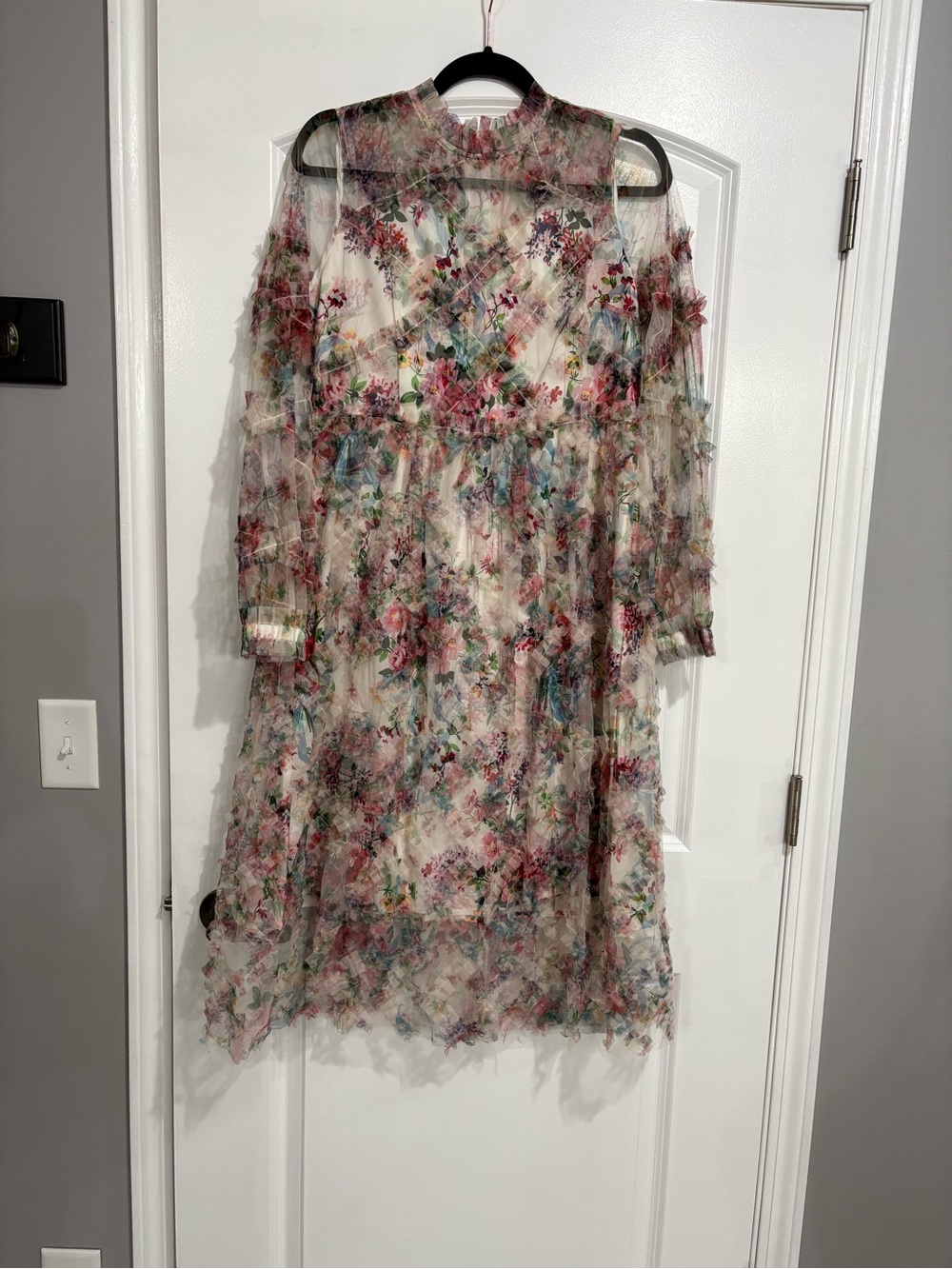 Floral Mesh Tiered Long Sleeve Women’s Dress - Pink Multi